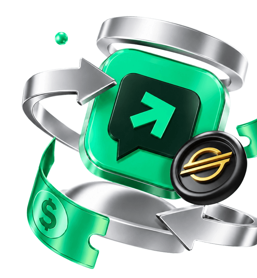 Green ChatPay chat icon surrounded by silver payment arrows, a dollar ribbon, and a gold Stellar coin